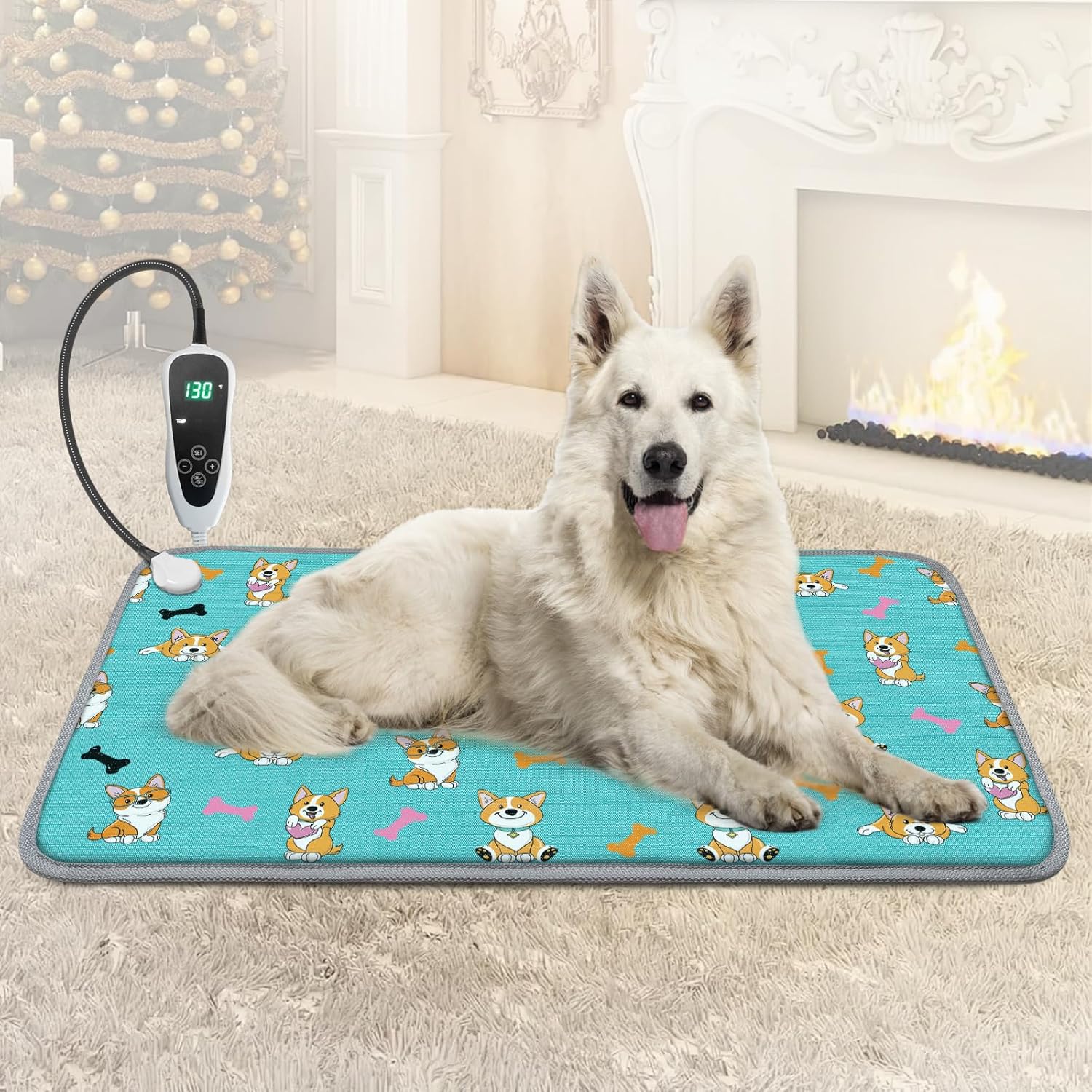Extra Large Dog Heating Pad 47X30 in with Smart Thermostat Switch and Power Line Protection Tube,Obtained MET and UL Dual Certification,Waterproof Pet Heating Pad-Rose