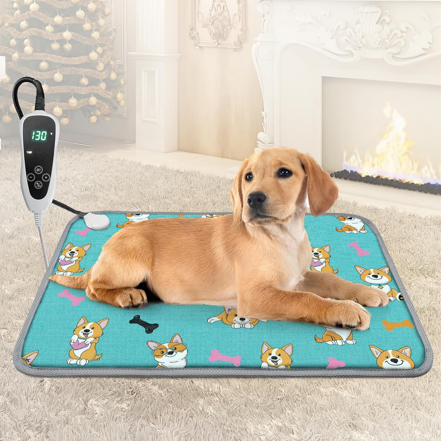 Extra Large Dog Heating Pad 47X30 in with Smart Thermostat Switch and Power Line Protection Tube,Obtained MET and UL Dual Certification,Waterproof Pet Heating Pad-Rose
