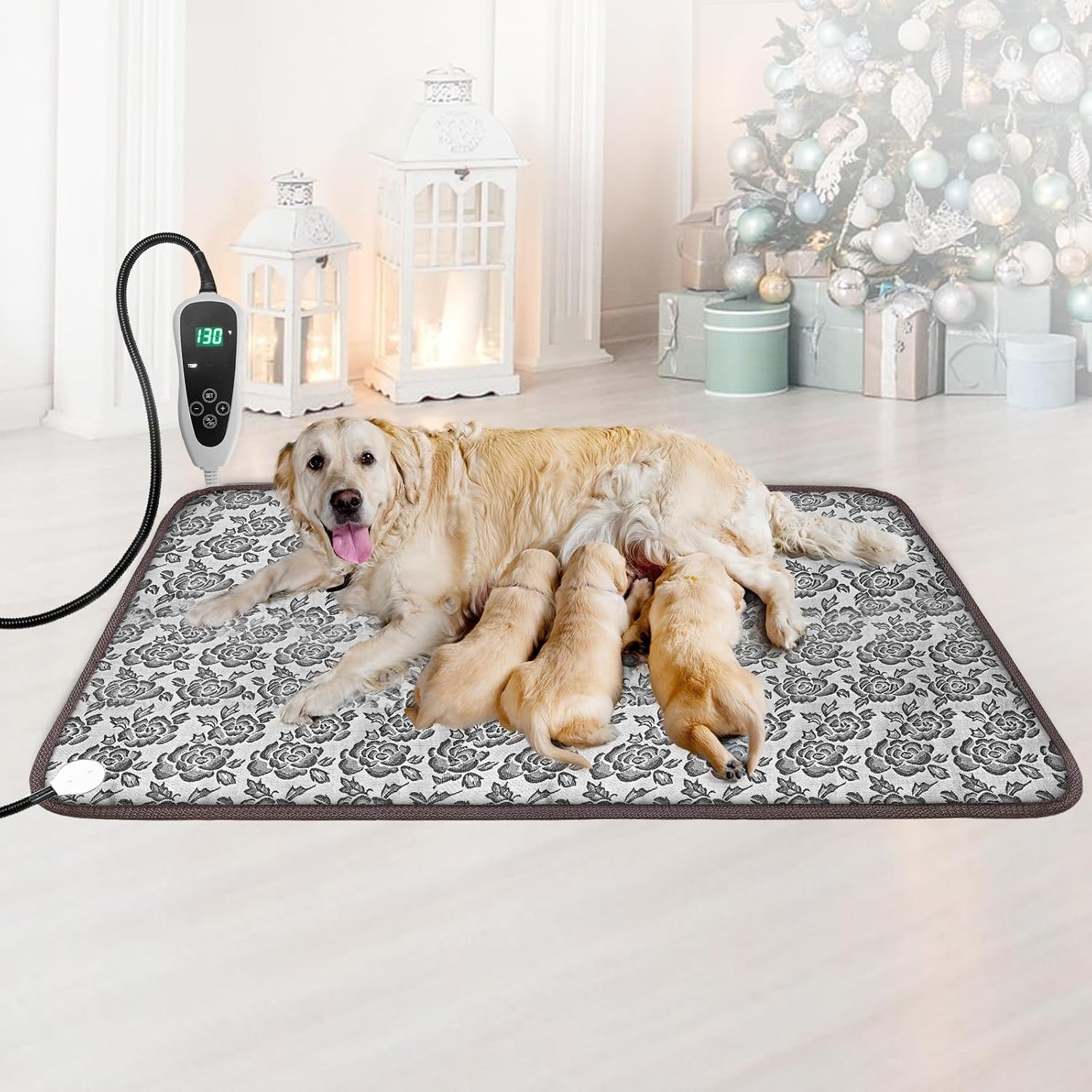 Extra Large Dog Heating Pad 47X30 in with Smart Thermostat Switch and Power Line Protection Tube,Obtained MET and UL Dual Certification,Waterproof Pet Heating Pad-Rose