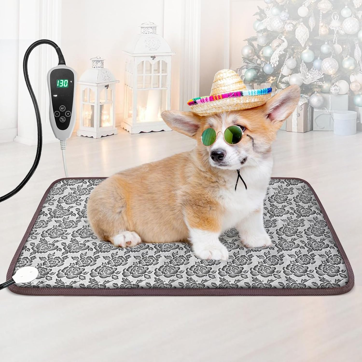 Extra Large Dog Heating Pad 47X30 in with Smart Thermostat Switch and Power Line Protection Tube,Obtained MET and UL Dual Certification,Waterproof Pet Heating Pad-Rose