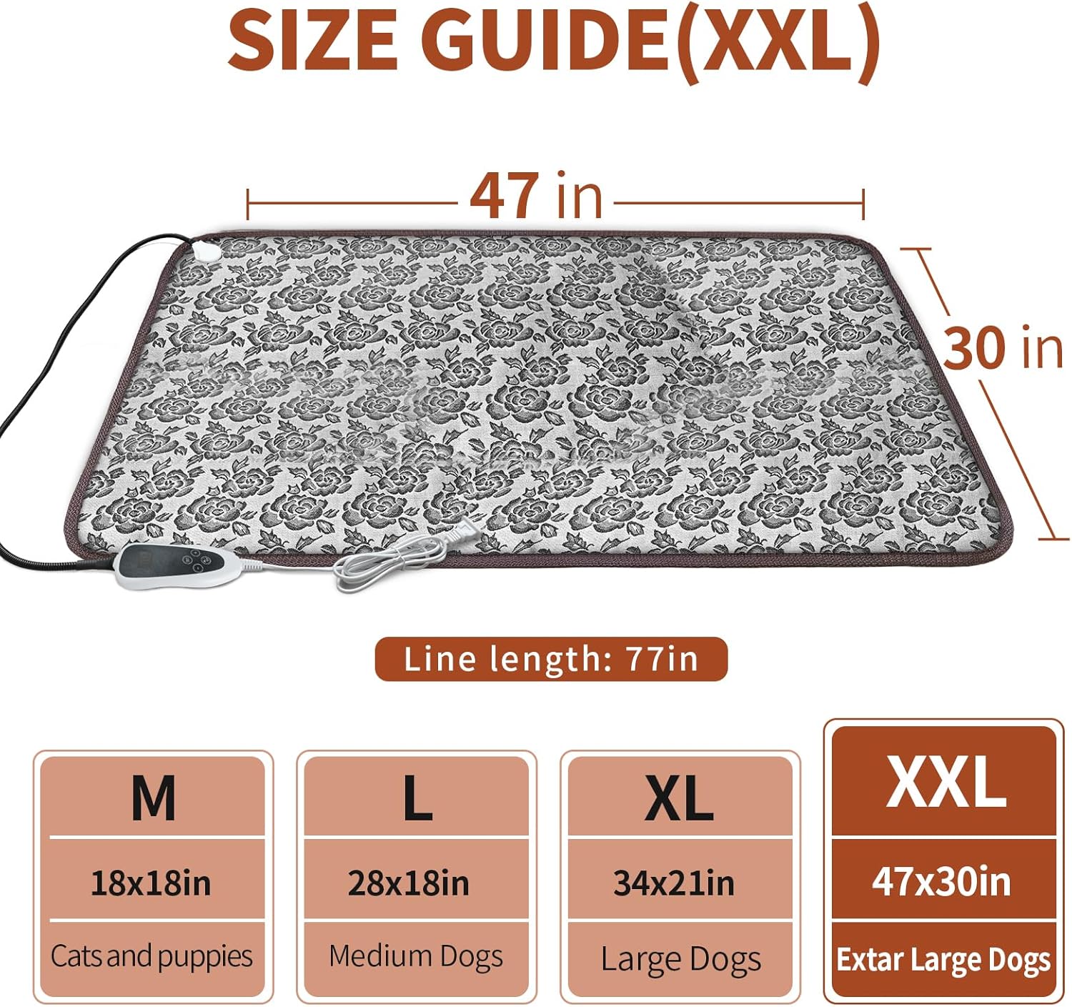 Extra Large Dog Heating Pad 47X30 in with Smart Thermostat Switch and Power Line Protection Tube,Obtained MET and UL Dual Certification,Waterproof Pet Heating Pad-Rose