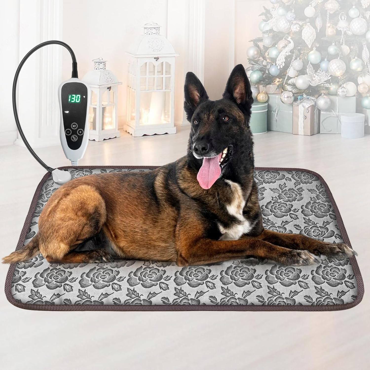 Extra Large Dog Heating Pad 47X30 in with Smart Thermostat Switch and Power Line Protection Tube,Obtained MET and UL Dual Certification,Waterproof Pet Heating Pad-Rose