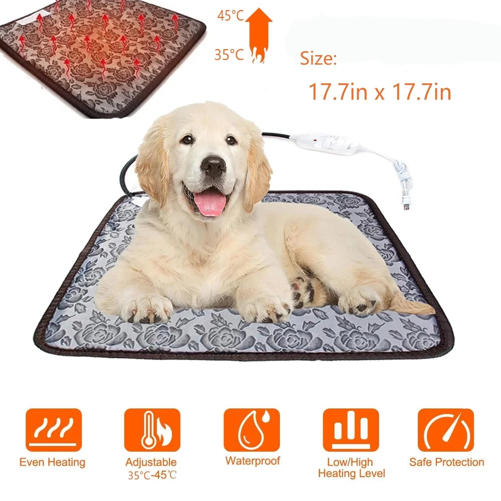 Pet Heating Pad Mat, 17.7"X17.7" Electric Pet Heating Pad Bed for Cat Dog Indoor Outdoor Waterproof Adjustable Temperature Heater